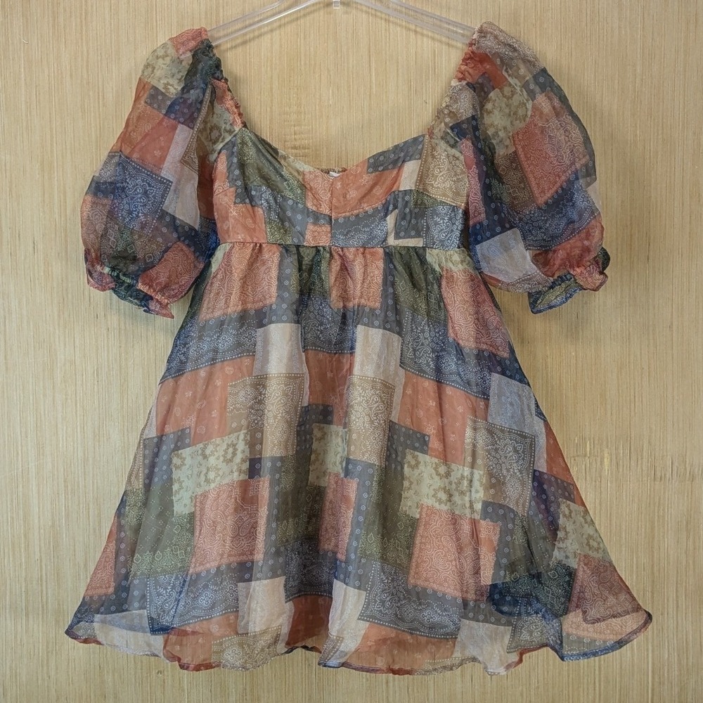 &merci Boho Cottage Western Patchwork Paisley Puff Sleeve Babydoll Mini Dress M